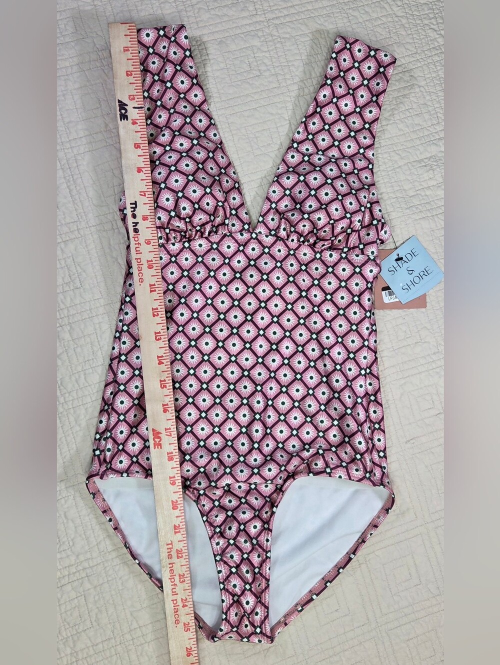 NWT Shade & Shore Pink Geometric Plunge Neck Tummy Control One Piece Swimsuit... - Picture 3 of 9